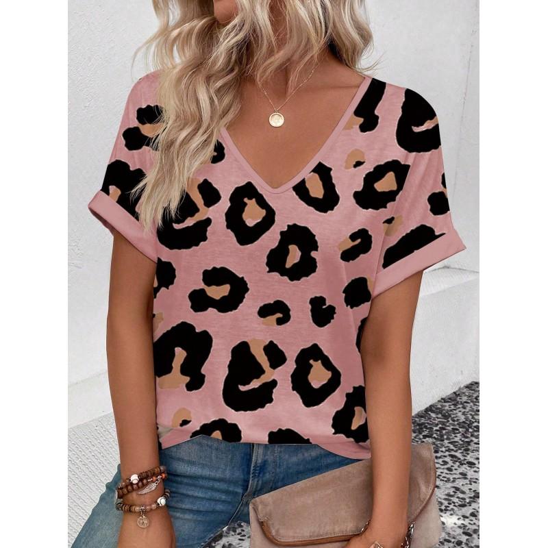 Womens V-Neck Short Sleeve T-Shirt With Leopard Print 3D Effect Colorful Ink Loose Fit Casual Office Wear