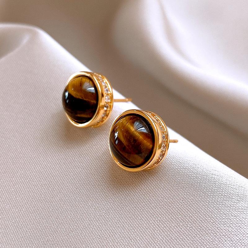 Silver Needle Maillard Irregular Oval Tiger's Eye Earrings Earrings Vintage Style Earrings Women