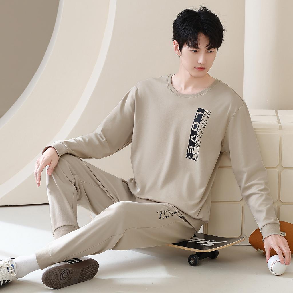Pajamas men's autumn long-sleeved pure cotton fashion letters men's casual sports cotton loungewear suit can be worn outside