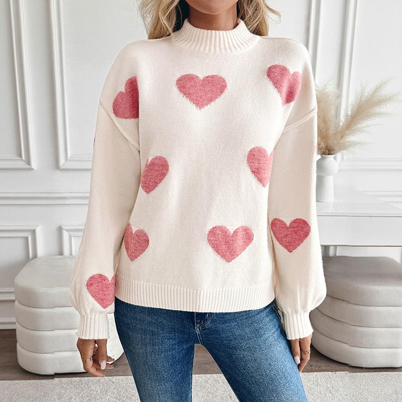 Dames Trui met Lange Mouwen Hoge Hals Casual Hart Jacquard Gebreide Pullover Jumper Herfst Winter Losse Pasvorm Top