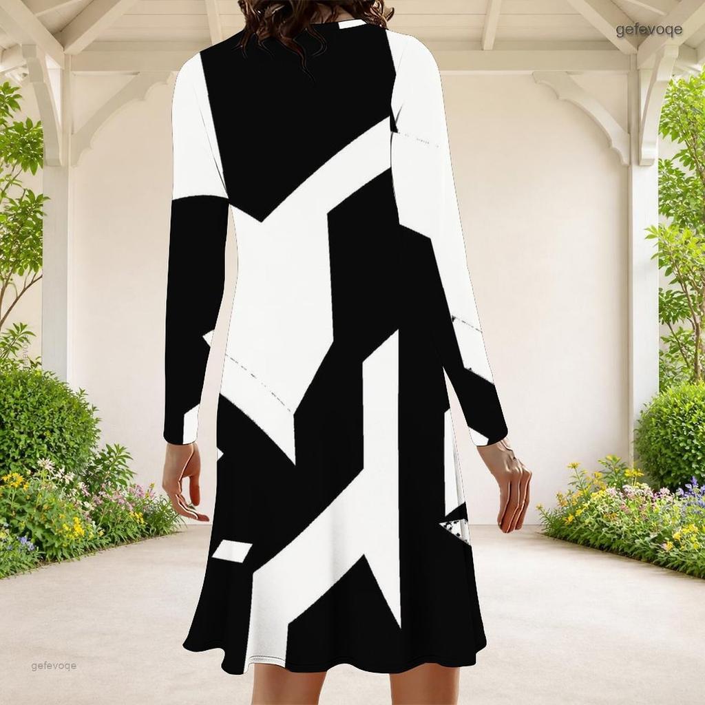 Women Plus Size Round Neck Long Sleeve Black Printed A Line Dress