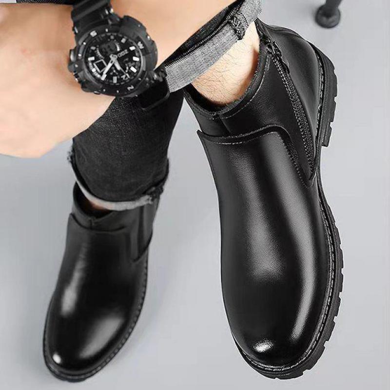 Zimowe Czarne Skórzane Buty dla Mężczyzn Buty Ciepłe Buty na Zamek Męskie Buty Biznesowe Codzienne Wysokie Buty Mężczyzna Kostki Okrągły Nosek