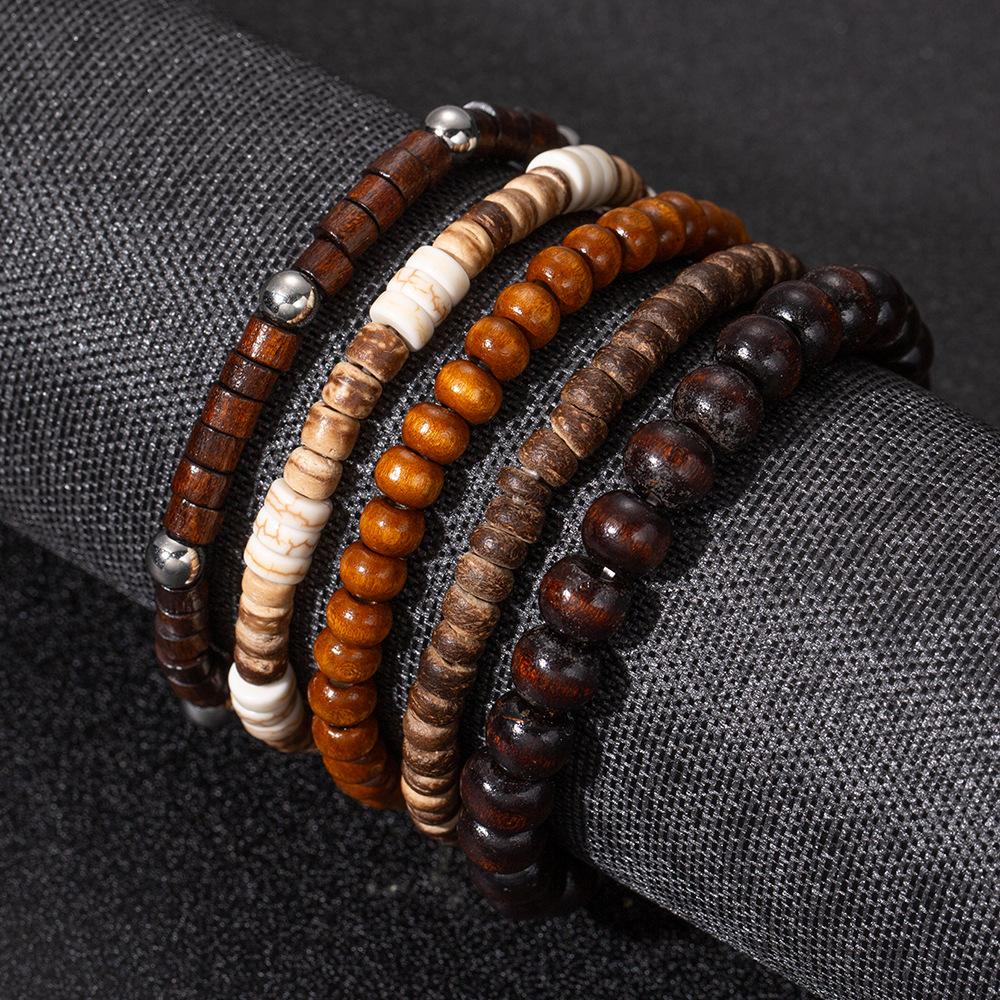 European and American Style Retro Wood Bead Coconut Shell Bracelet Hot-selling Beaded Elastic Set Bracelet Men's Spot