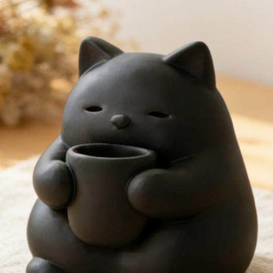 Mini Cute Cat Figurine 3D Printed Drinking Tea Cat Statue Small Desktop Ornament for Living Room Bedroom Office Shelf Decor