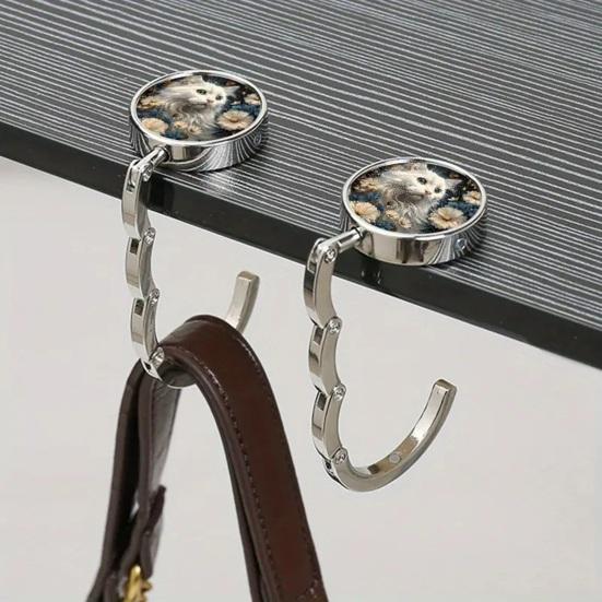 Portable Desk Edge Hook Foldable Purse Hook Cute Cat Pattern Alloy Bag Hook Table Edge Bag Holder for Travel Work Parties Office Desk