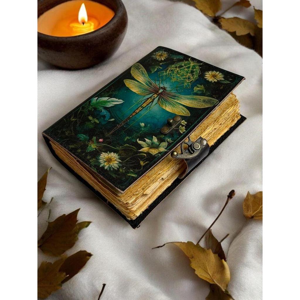 Mystic Dragonfly Leather Journal – Vintage Handmade Paper Diary, Nature Art Notebook, Gift for Writers & Artists”