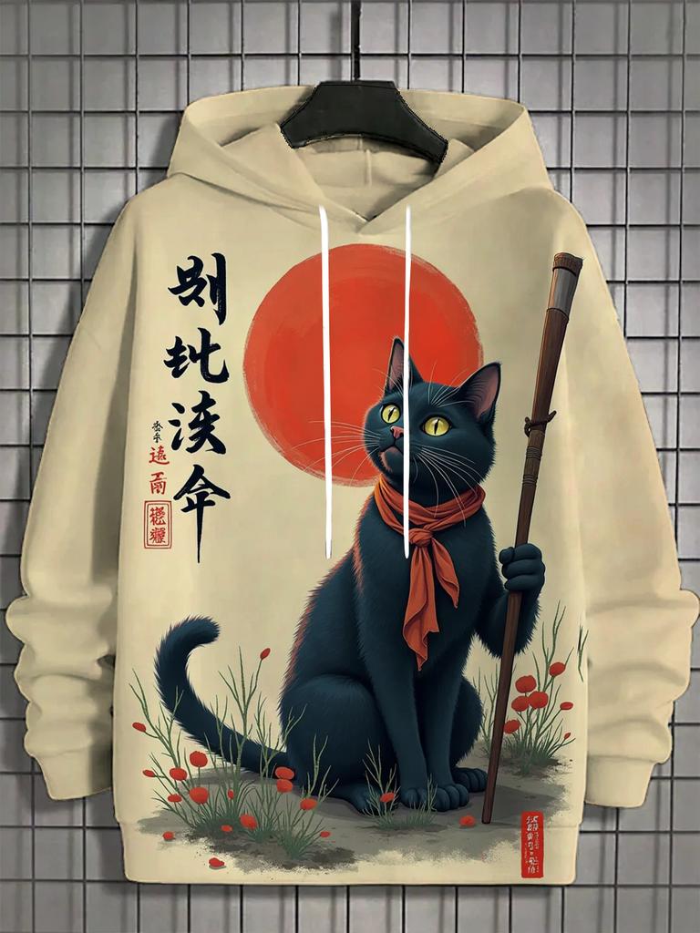 Japanese Samurai Cat Print Men's Hoodies Street Trend Hip Hop Y2k Clothes Fashion Pullover Autumn and Winter Casual Sweatshirts