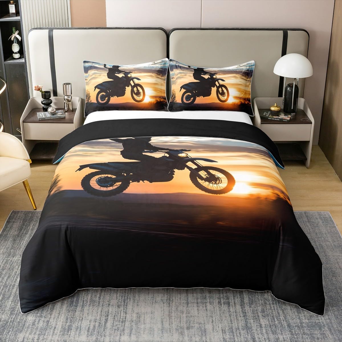 

Motocross Down Duvet Cover Queen King Size Racing Bedding Set Motocross Rider Quilt Cover for Boys Teens Motorcycle Set 3 Pcs EU Single(135x200cm)