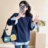 Navy Blue Long Sleeve Maternity Top, Spring/Autumn 2025, Plus Size, Fake Two-Piece Design Sweatshirt