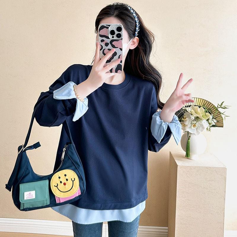 Navy Blue Long Sleeve Maternity Top, Spring/Autumn 2025, Plus Size, Fake Two-Piece Design Sweatshirt