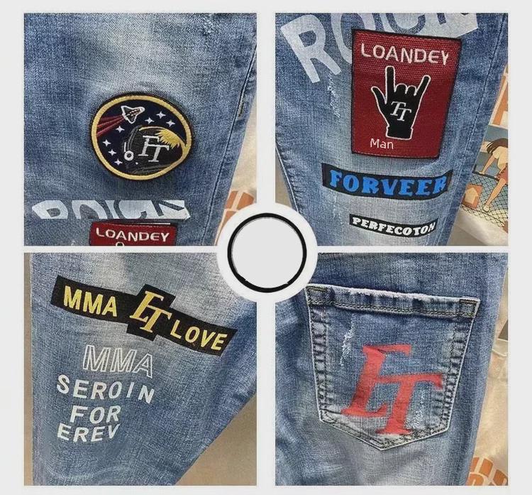 Blugi elastici slim fit pentru bărbați, stil coreean, cu imprimeuri personalizate de toamnă