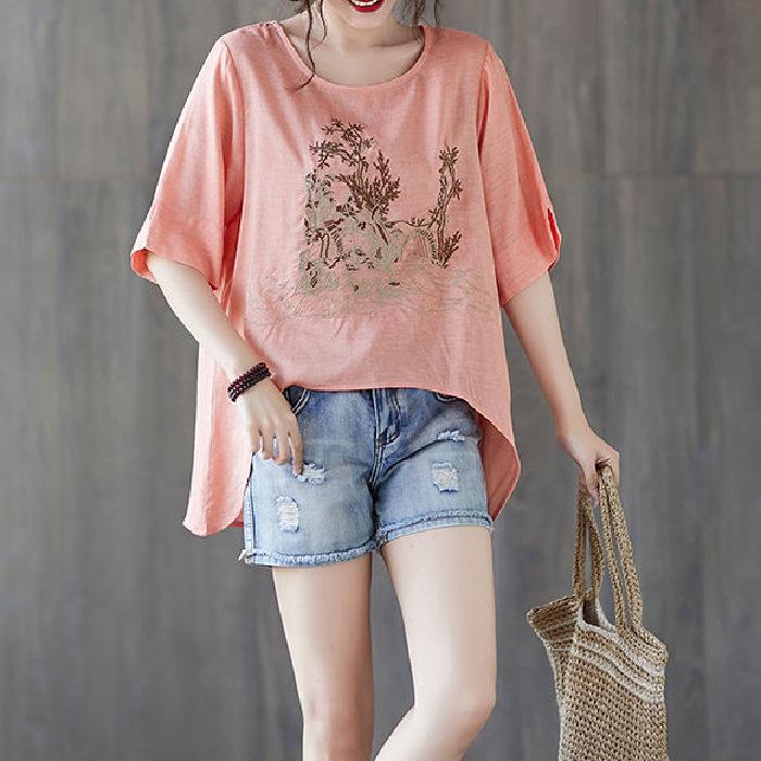 Literary Embroidered Cotton Linen Medium Long Short Front and Long Rear Irregular Hem Slit Top Short Sleeve Women's Summer T-shirt