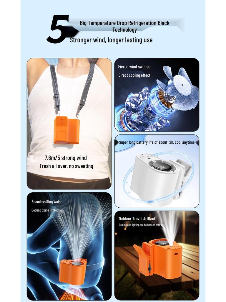 T511 High-Speed Rechargeable Waist & Neck Fan with Long Battery Life - Mini Portable Clip-on