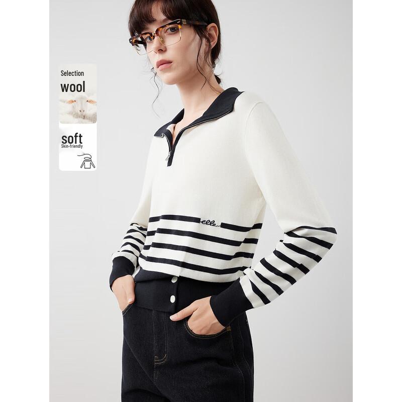 ELLE Women s Striped Merino Wool Blend Polo Sweater S
