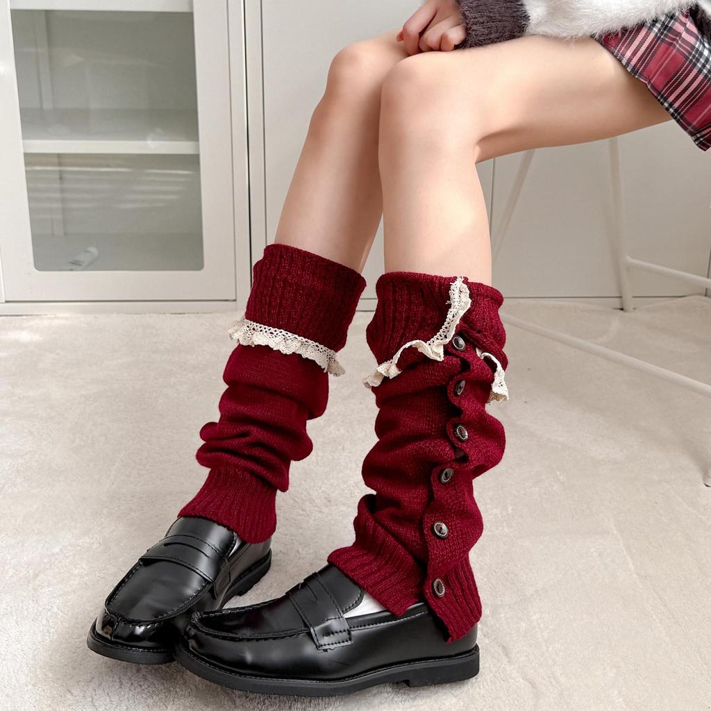 Maillard Rote Spitzensocken für Mädchen - Gemütliche Herbst-/Winter-Strick-Beinwärmer im Y2K-Stil, Perfekt zu Lederschuhen.