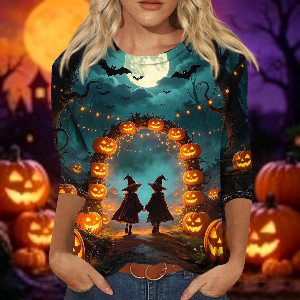 Women’s Casual Three Quarter Sleeve Crew Neck Top Tie Dye Halloween Themed Print Relaxed Fit Soft Fabric for Daily Wear