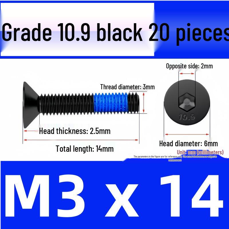 Black Anti-Slip Flat Cup Screw with Adhesive Blue Glue, Countersunk Hexagon Socket, Available in M2-M8 Sizes