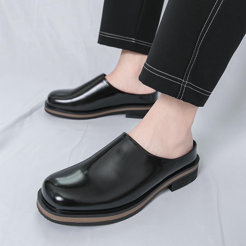 

New summer bag head half slippers men s niche design trendy shoes British style half drag loafers small leather shoes 46 чорний