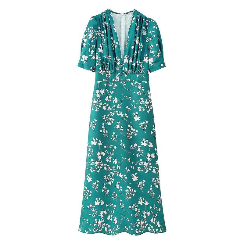 

Autumn New Product Women clothes French style Pastoral Style Pleated Decoration V-neck Bubble Short sleeve Long Print Dress Green M