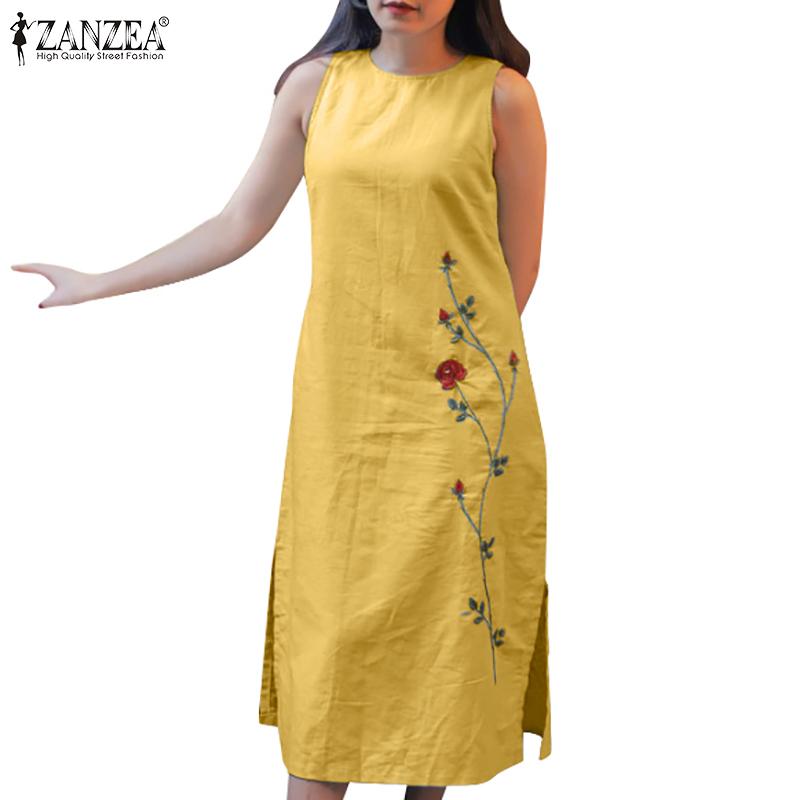 

ZANZEA женские летние повседневные хлопковые платья без рукавов с круглым вырезом и вышивкой