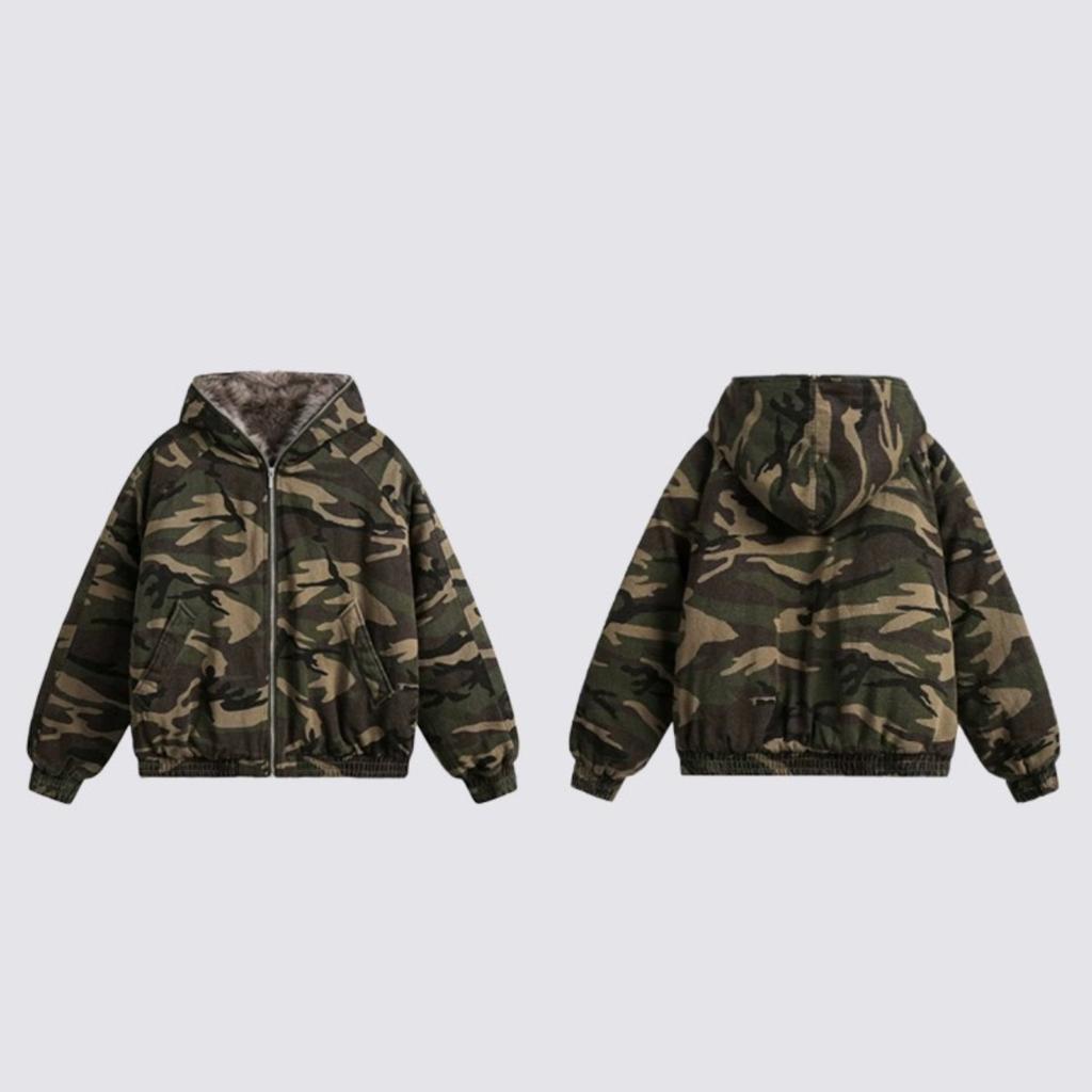 STREETRICH Men's Camouflage Hooded Jacket Women's Fur Collar Cotton Padded Coat Retro American Workwear Winter Jacket Warm Outdoor Coat