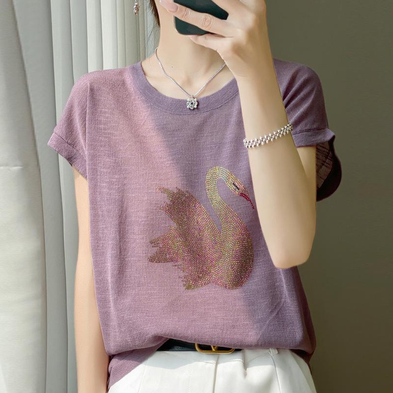 IHUASU Summer Women's Knitwear Cotton Bamboo Hemp Short-sleeved Tops Women's T-shirt Women's O-neck Rhinestone Swan