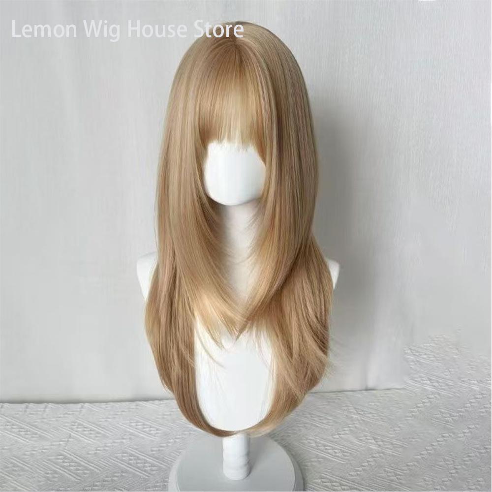 Flax Gold Synthetic Wig with Bangs Long Straight Hair High-Layered Lolita Wigs for Women's Daily Cosplay Wig Heat Resistant