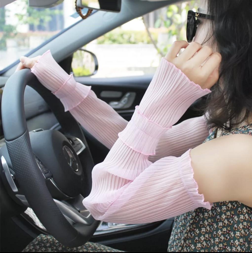 Women's Mesh Sheer Ruched Arm Sleeves Ruffle Hem Fingerless Gloves Costume Accessories Tulle Lace Sleeves