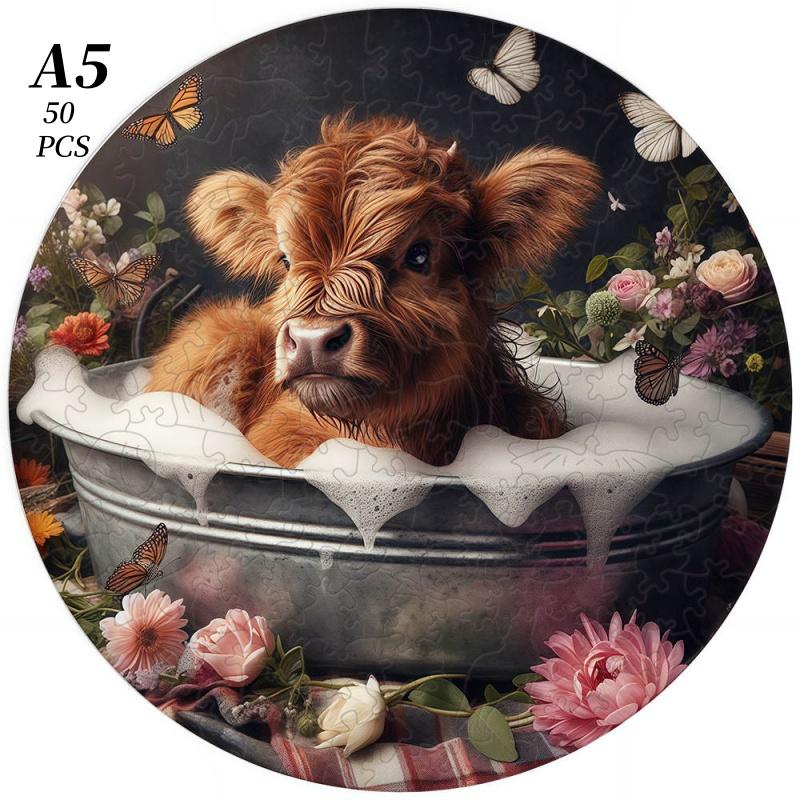 Non-Toxic Beautiful Highland Cow Animal Wooden Puzzle For Adults Children Wood Jigsaw Crafts Shaped Birthday Gift Toys Puzzle