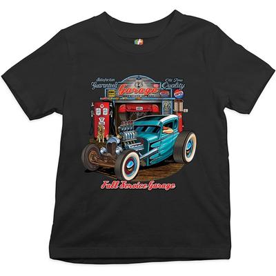 Hot Rod Garage Youth T-Shirt Historic Route 66 Old School Drag Racing Kids Small Black