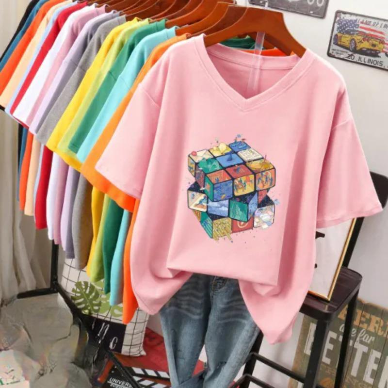 Short-sleeved T-shirt for Women, Large Size, Loose and Slimming, Printed V-neck Top