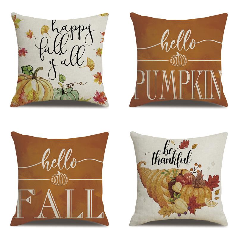 Thanksgiving Linen Pillowcase Autumn Pumpkin Print Pillow Cushion Cover