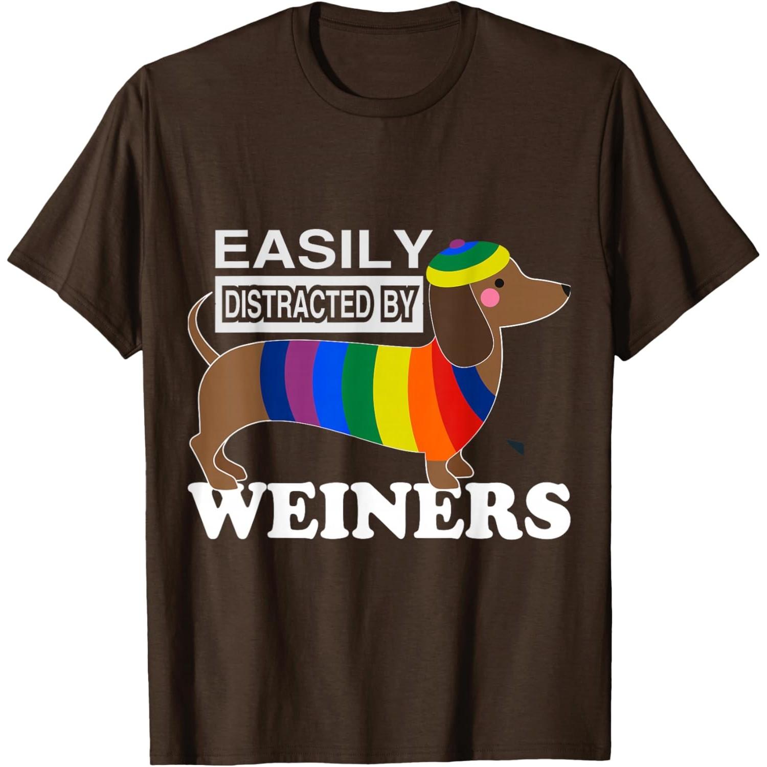 

Easily Distracted By Weiners Dachshund Rainbow Print Graphic Tee Casual Cotton T-Shirt 4XL