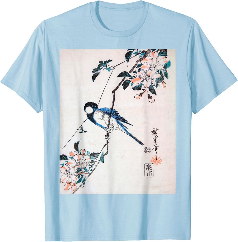 Great Titmouse on a Crab Apple Branch Utagawa Hiroshige Print Mens Casual Cotton TShirt