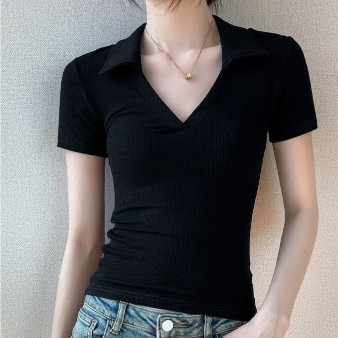 Women's Short-sleeve T-shirt Summer Simple Solid Color Slim-fit Polo Collar T-shirt Short Stretch Polo Shirt