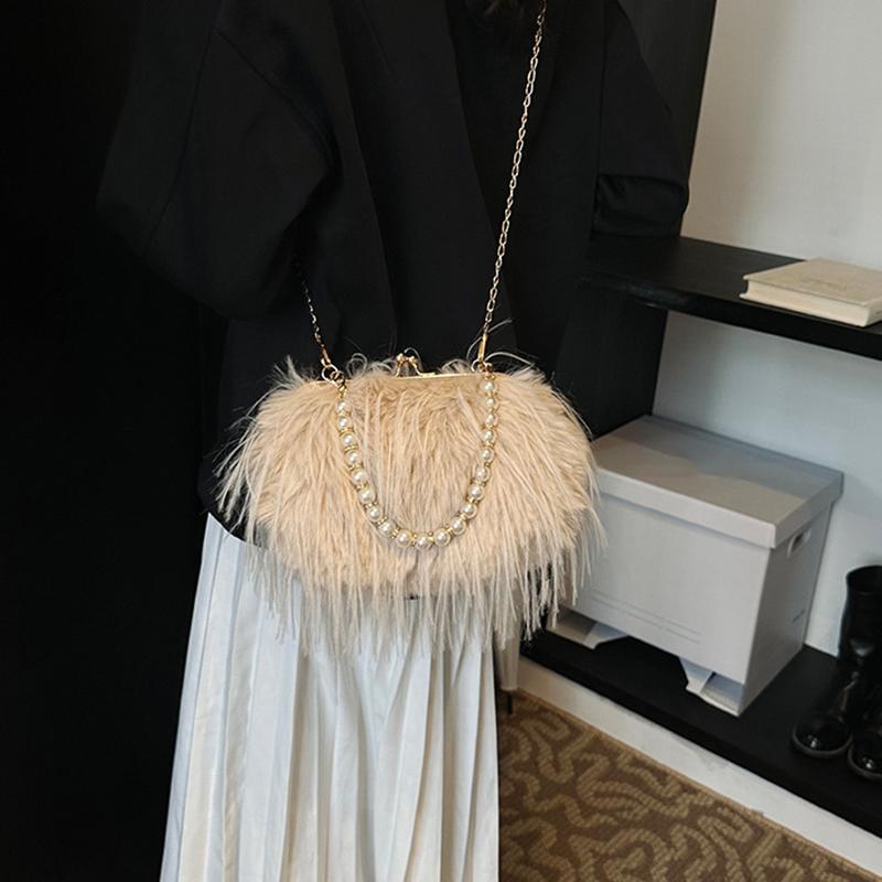 Yogodlns Luxe nepbont avondtasje Pluizige effen kleur schoudertas Grote capaciteit Parelhandvat Clutch Crossbodytas Voor dames