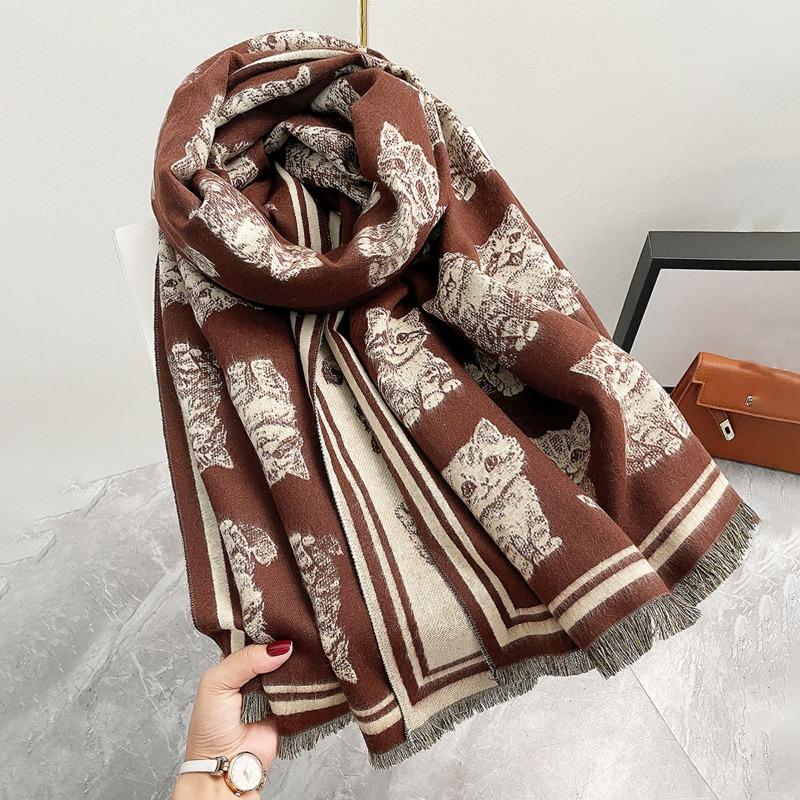Women S Cat Silhouette Printed Double Sided Faux Cashmere Warm Scarf