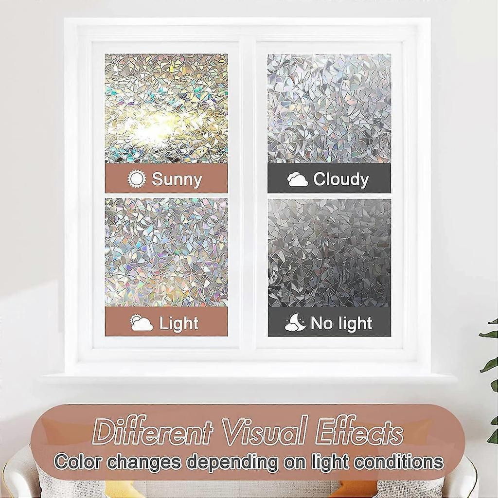Window Privacy Film Rainbow Static Cling Stained Glass Film Window Covering Sticker Non-Adhesive Removable Reflective Window Vinyl, Anti-UV Sun Blocke