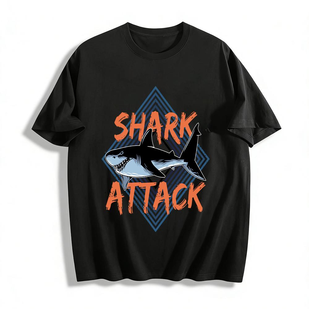 Vintage Shark Attack Print Casual Tee Unisex Streetwear Top Pure cotton T-shirt XXS