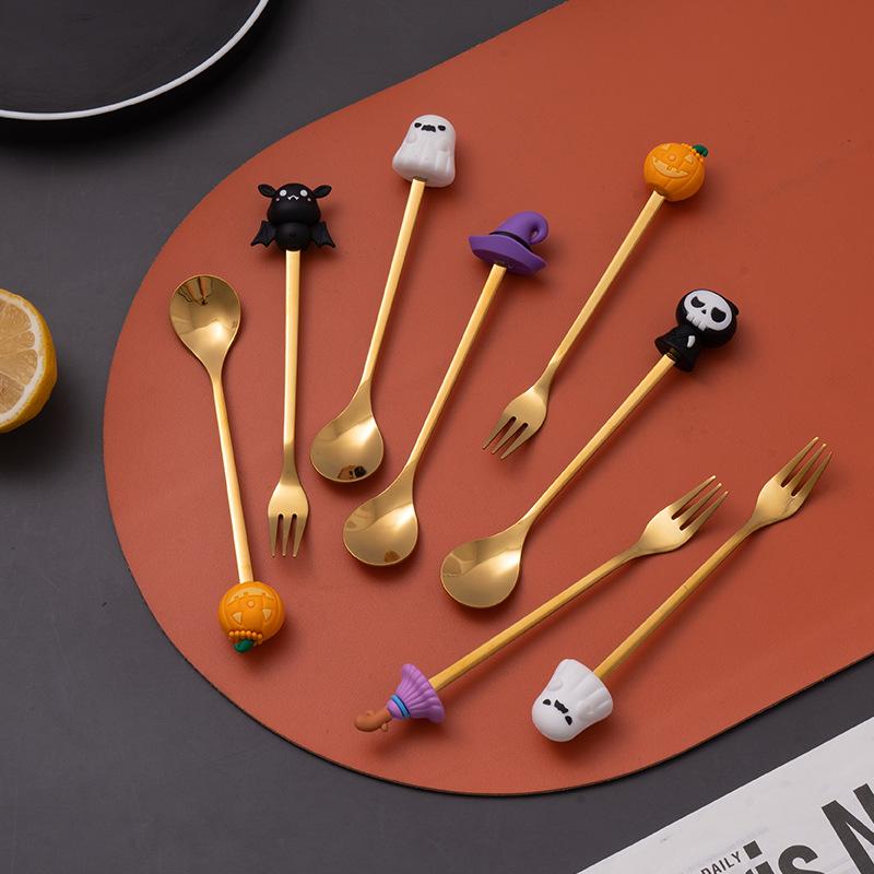 Halloweenské nádobí Nerezová kávová lžička Halloweenská dezertní lžička Vidlička na ovoce Sada nádobí pro tematickou párty