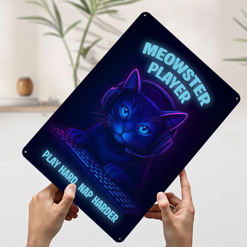 

Meowster Player Gaming Cat Portrait Metal Poster Customized Wall Art Retro Vintage Tinplate Signs for Setup Decorations Decor 7.9x11.8In(20x30cm)