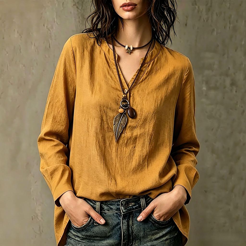 Women's Color Linen Long Sleeve Blouse Casual Versatile Top for Commute