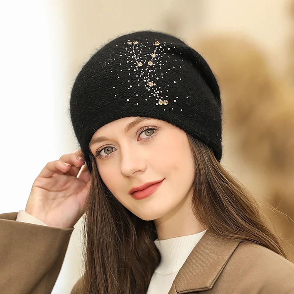 

Шерстяная женская зимняя шапка с блестящими бриллиантами, шапка-бини, элегантная шапка в стиле ретро, ​​женская шапка