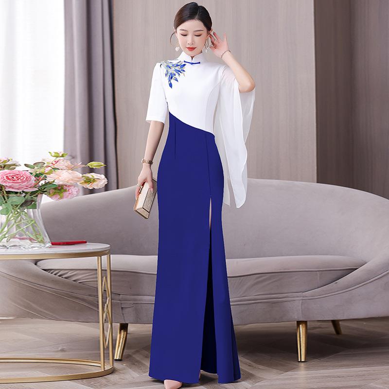 

Китайское ретро вышитое платье ципао со стоячим воротником – Приталенный национальный стиль, Большие размеры, Идеально для сценических выступлений и подиумов 5XL синий