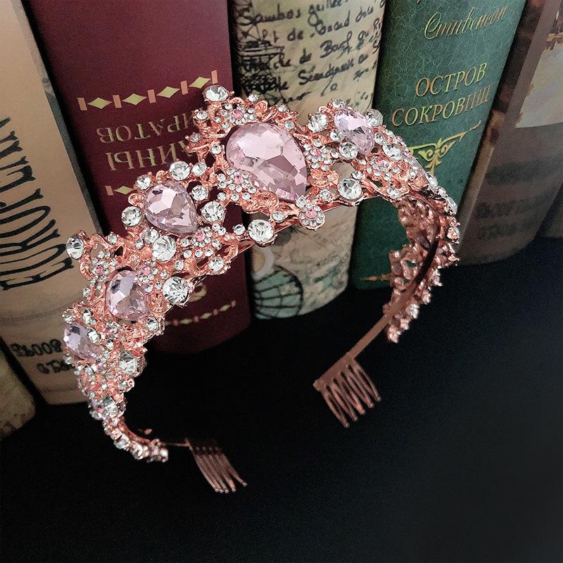 Crystal Pink Crown Bridal Crown Wedding Baroque Queen Golden Big Crown Wedding Dress Accessories Jewelry