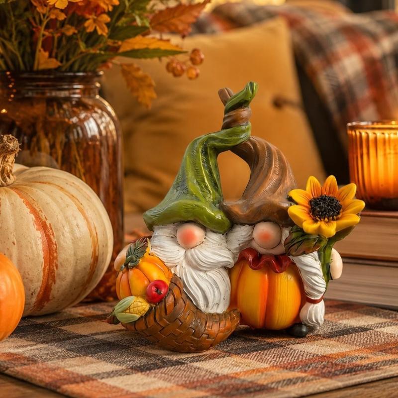 Holiday Table Accent for Thanksgiving, Small Dwarf Figurine with Gourd Body and Flower Trim for Shelf, Book Shelf or Entry Display, Approx. 4.5 x 4.5