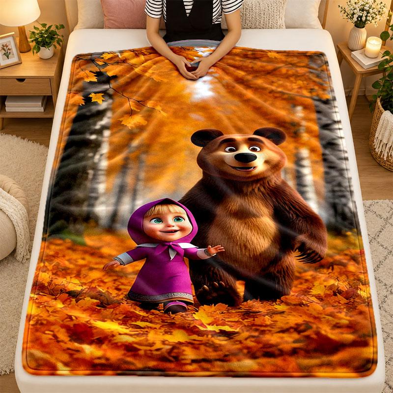 Flannel BlanketMasha and the Bear Warm Soft Throw Blanket for Indoor Sofa Bed Living Room Use