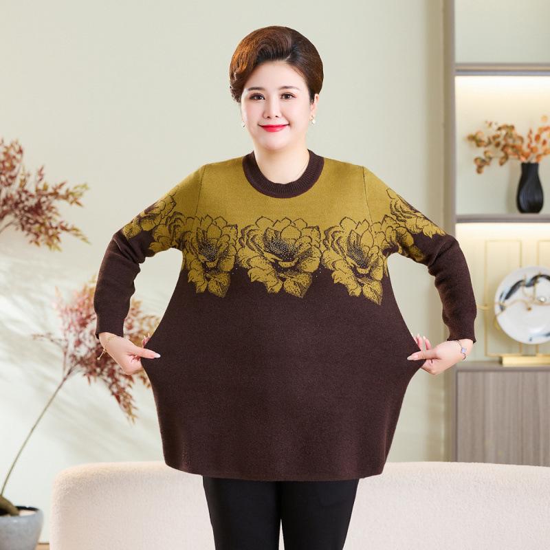 Autumn/Winter Plus Size Wool Pullover for Middle-aged and Elderly Women - Round Neck, Long Sleeve Sweater