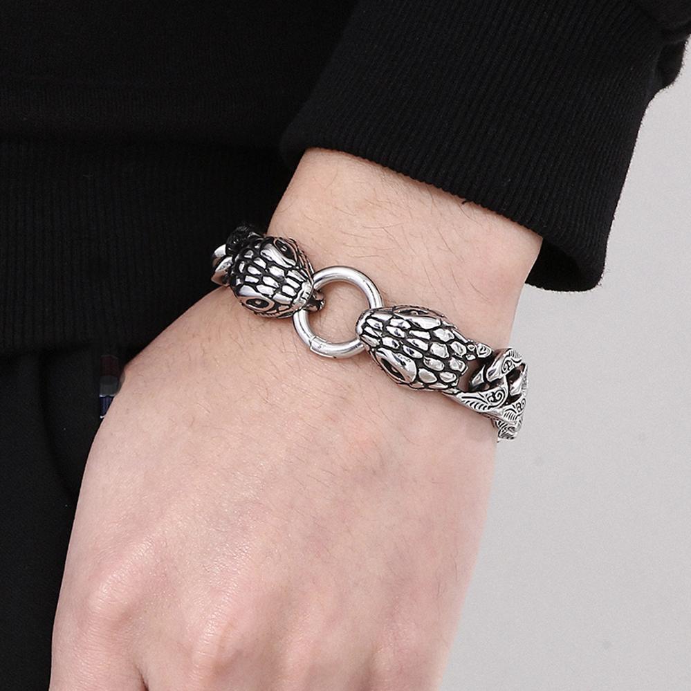 Cool Snake Head Bracelet Men's for Man Male Arm Rings Vintage 15MM Stainless Steel Curb Cuban Link Chain Bikers Jewelry