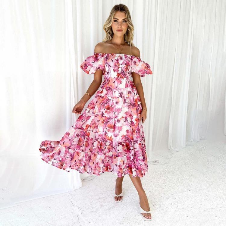 Fashion Summer Dress Women Strapless Print Pleated Short Sleeve Ankle Length